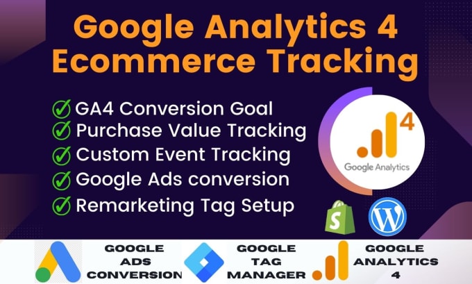 Gig Preview - Setup google analytics 4, ga4 ecommerce tracking, gtm,conversion tracking, goals