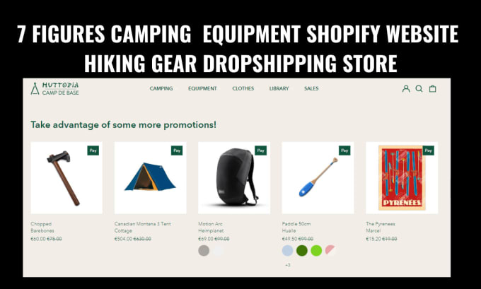 Gig Preview - Design camping equipment website hiking gear shopify website dropshipping store