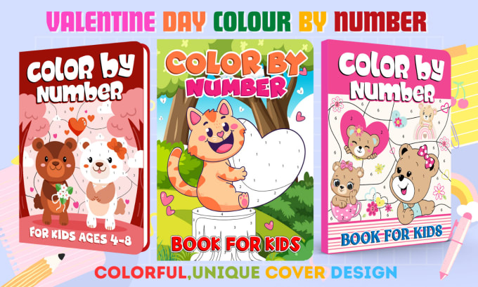 Gig Preview - Design valentine day color by number book cover and pages for KDP or etsy