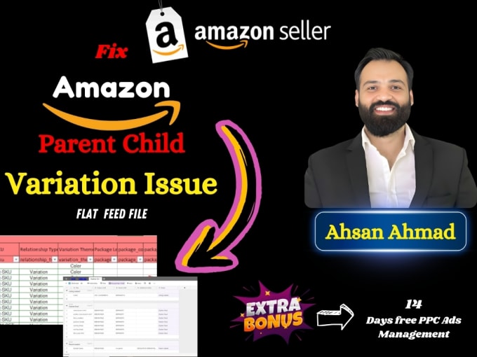 Gig Preview - Fix your amazon product variation issue parent child listing  by flat feed file