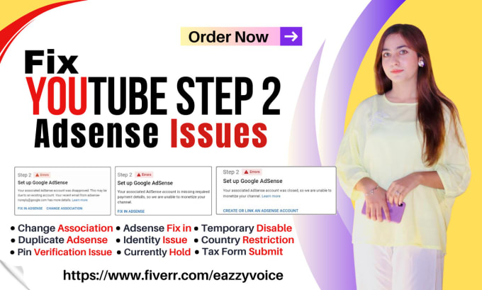 Gig Preview - Fix youtube monetization and adsense fix in, step 2, identity, tax issues