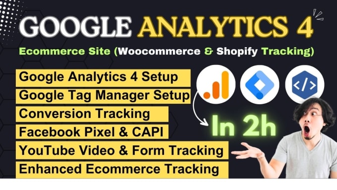 Gig Preview - Setup google analytics ga4, enhanced ecommerce events, goals tracking with GTM