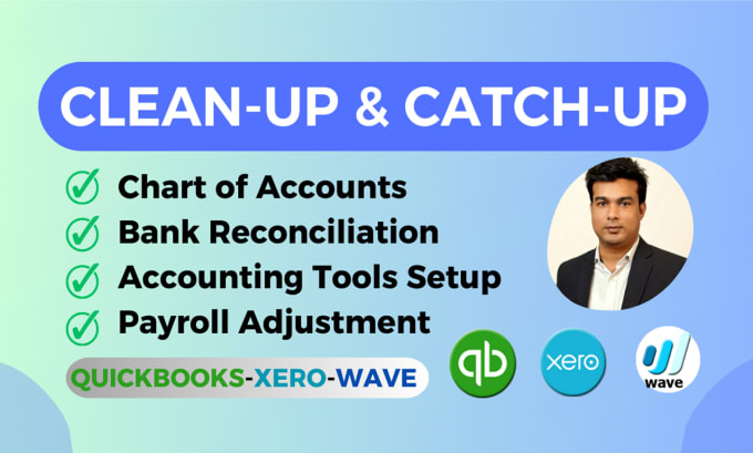 Gig Preview - Do clean up, catch up, reconciliation in quickbooks, wave and xero