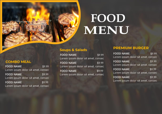 Gig Preview - Trifold food menu and restaurant menu