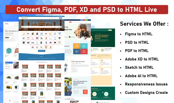 Gig Preview - Convert pdf xd psd figma to responsive html website and fix design issues