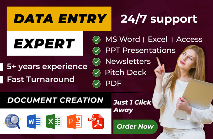 Gig Preview - Do any data entry, word, excel, powerpoint, PDF, and newsletter tasks