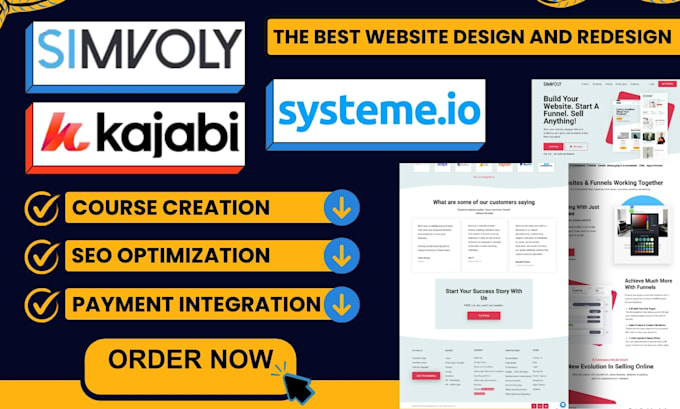 Gig Preview - Set up kajabi online course design simvoly website systeme io landing page