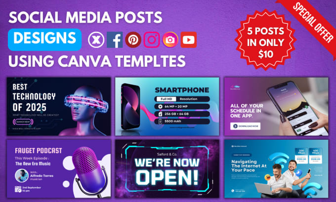 Gig Preview - Design 5 social media posts using canva template for you