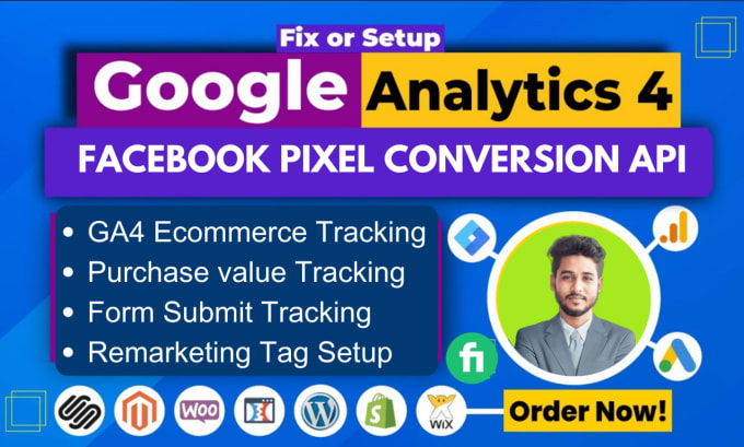 Gig Preview - Google analytics 4 setup facebook pixel conversion API, ga4 ecommerce tracking