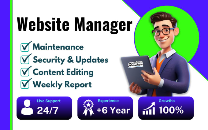 Gig Preview - Be website manager website maintenance and wordpress website maintenance