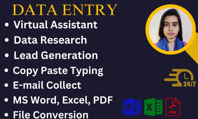 Gig Preview - Be virtual assistant data entry web research lead generation