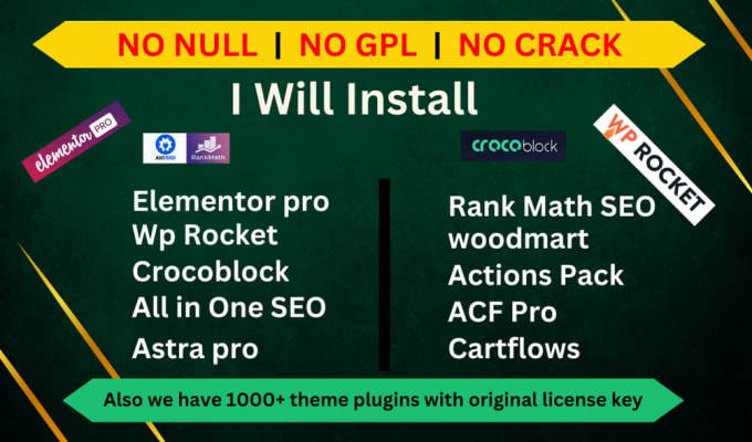 Gig Preview - Install elementor pro, astra pro, wp rocket , crocoblock,  official plugins