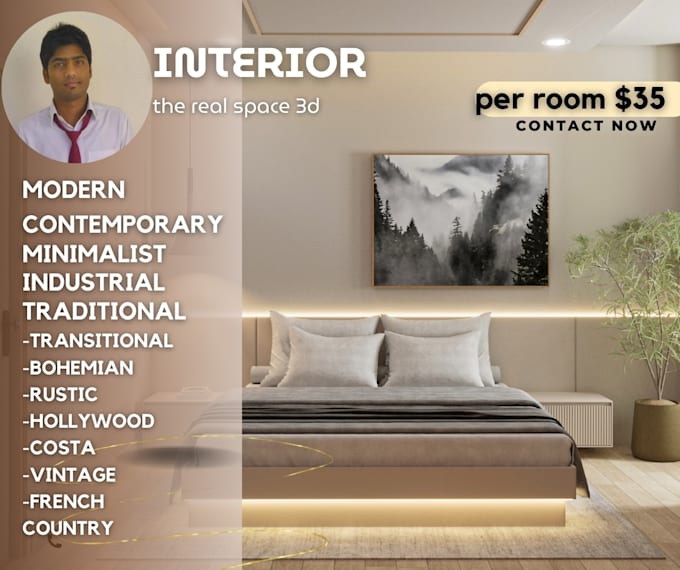 Gig Preview - Create 3d max interior designs for the bedroom, bathroom, kitchen, and hallway