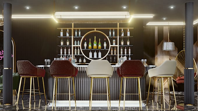 Gig Preview - Design 3d a modern bar, cafe and hookah lounge interior with renders