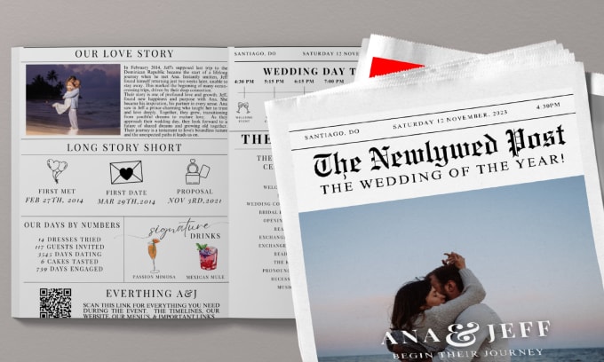 Gig Preview - Design a folded wedding newspaper wedding itinerary