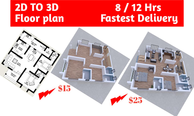 Gig Preview - Convert 2d to 3d floor plan from your sketch, pdf and cad