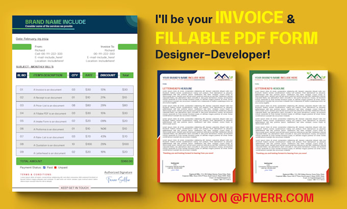 Gig Preview - Invoice design, letterhead, fillable PDF form, checklist, receipt, payslip excel