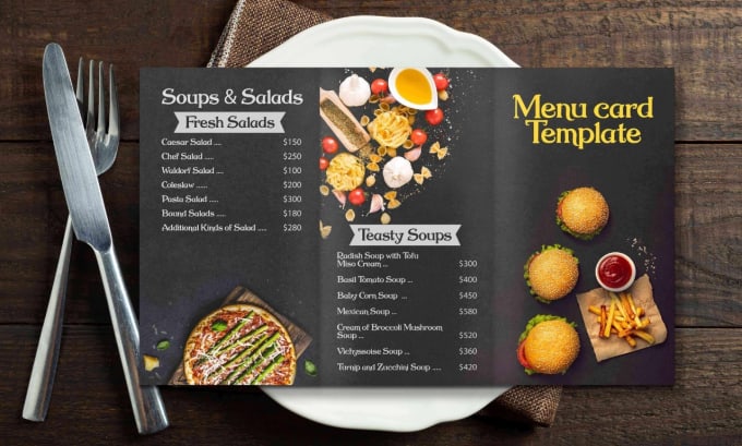 Gig Preview - Design captivating restaurant menus and digital menu boards for your cafe