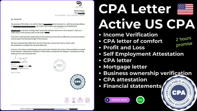 Gig Preview - Get you US CPA letter CPA comfort letter CPA verification letter profit and loss