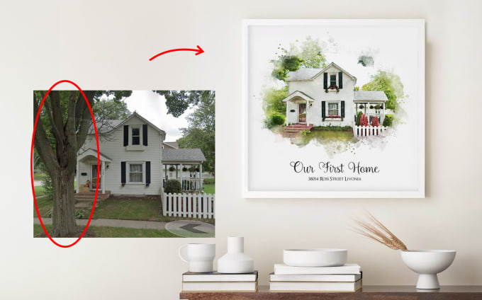 Gig Preview - Create watercolor portrait of your house with photoshop edits, real estate