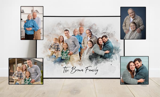 Gig Preview - Merge photos to watercolor family portrait illustration