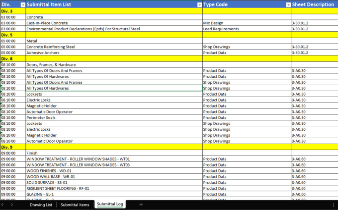 Bestseller - create a submittal items log from construction documents