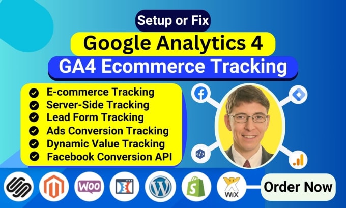 Gig Preview - Setup google analytics ga4 ecommerce tracking for shopify or wordpress