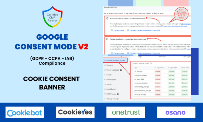 Gig Preview - Setup google consent mode v2, cookie consent banner as per gdpr, ccpa with GTM