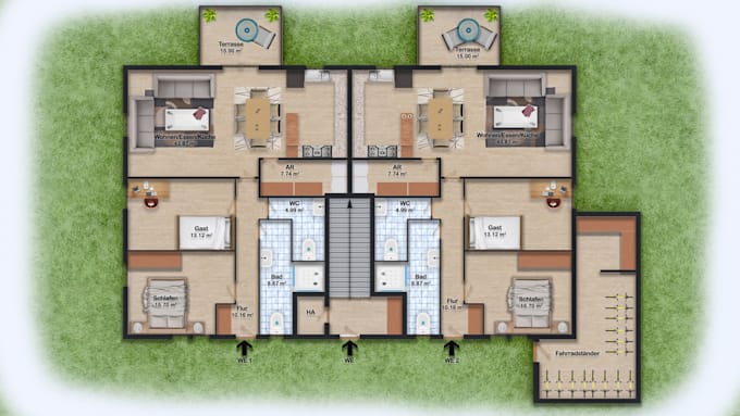 Gig Preview - Render 2d architectural floor plan in photoshop