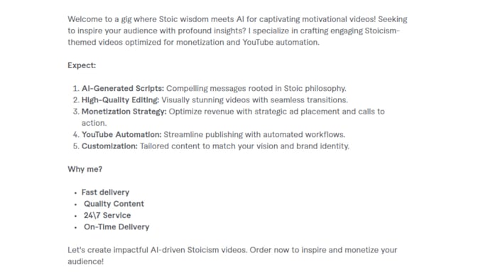 Gig Preview - Create best ai montizable stoicism motivational videos, youtube automation