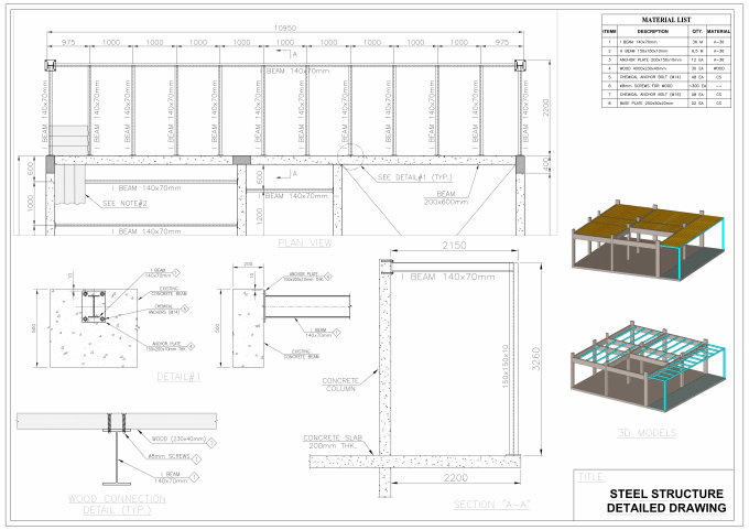 Gig Preview - Do steel structure detailed fabrication drawing in autocad with material list