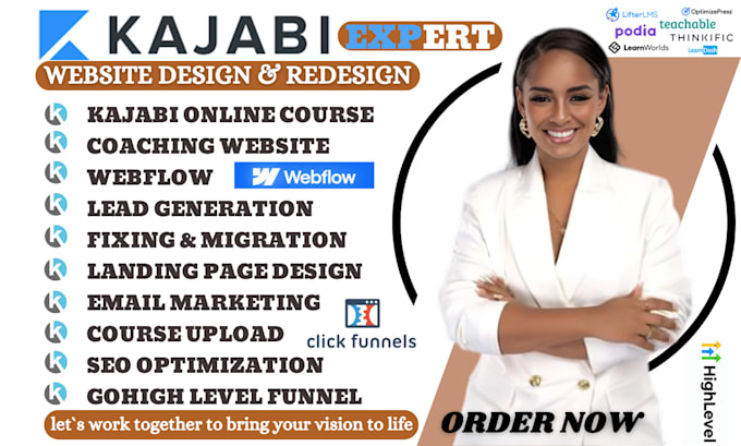 Gig Preview - Kajabi website design, kajabi online course sales funnel, thinkific, podia