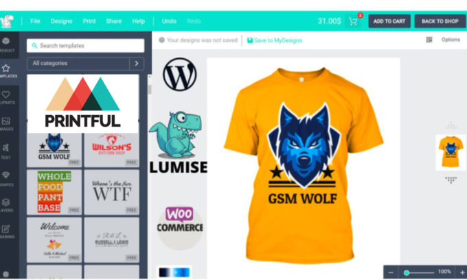 Gig Preview - Custom tshirt design website, pod, printing website using lumise and printful