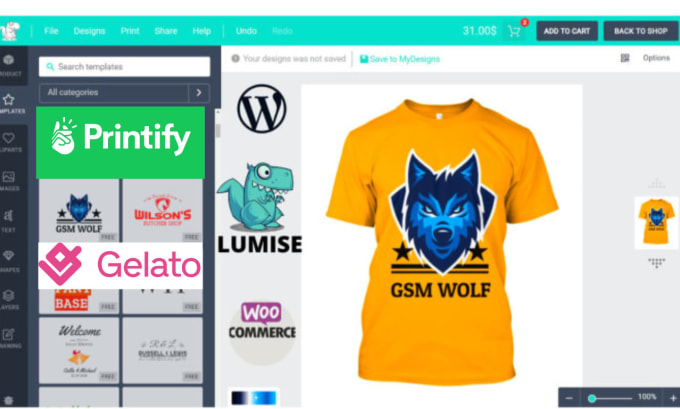 Gig Preview - Design tshirt printing website using lumise with printify, gelato