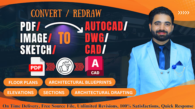 Bestseller - convert pdf, image, sketch drawings to autocad, dwg, cad scaled