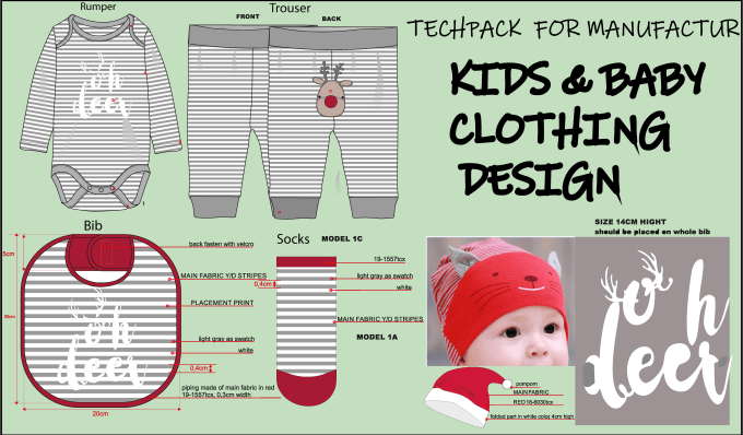 Gig Preview - Draw clothing tech pack for kids baby cad blueprint technical sketch