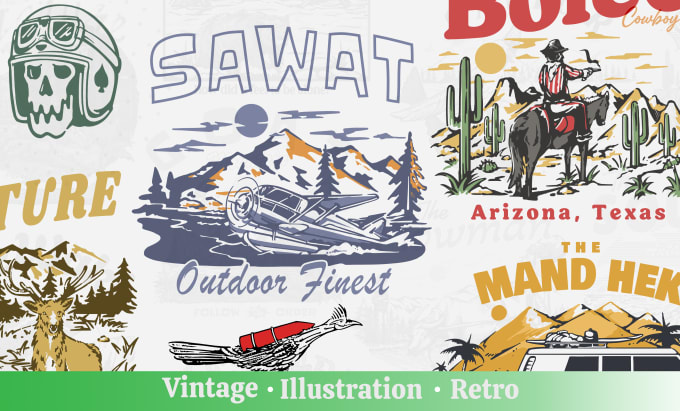 Gig Preview - Create vintage retro illustration design for your t shirt brand and merchandise