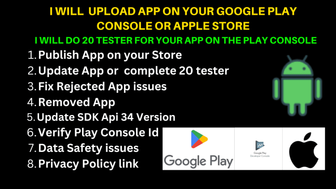 Gig Preview - Upload app on your google play console or apple store