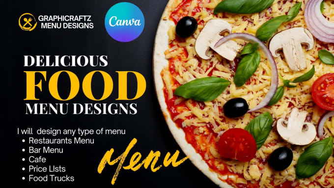 Gig Preview - Design a restaurant menu, food, bar, flyer, and menu board with canva