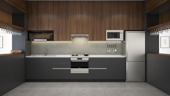 Gig Preview - Design modern kitchen interior with 3d model and rendering