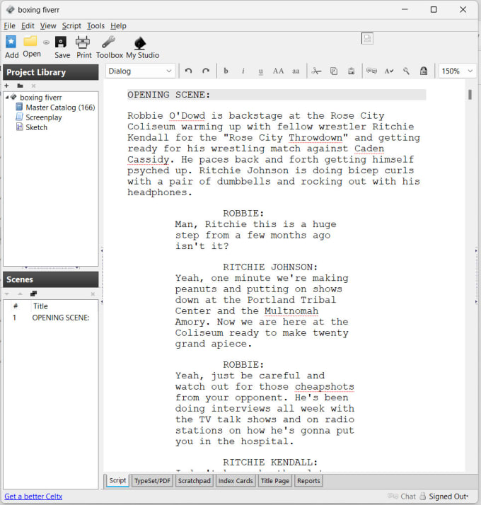 Gig Preview - Screenplay formatting film on celtx