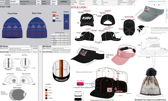 Gig Preview - Do hat and cap tech pack design, beanie, flat sketch with a mockup design