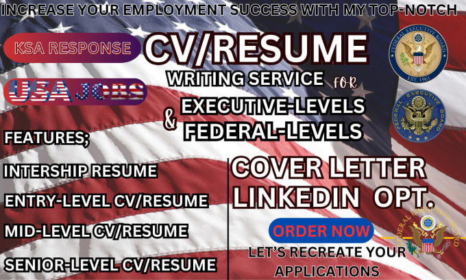 Gig Preview - Write a federal executive resume and USA jobs resume cover letter linkedin opt