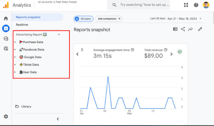 Gig Preview - Create ga4 reports and custom dashboard in google analytics 4 for ecommerce