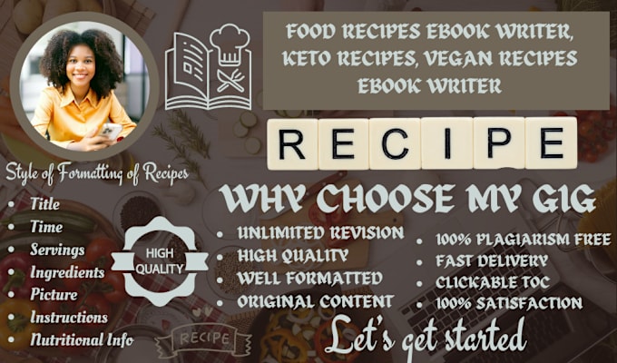 Gig Preview - Be your food recipes ebook writer, keto recipes, vegan recipes ebook writer