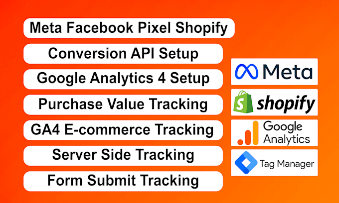 Gig Preview - Setup meta facebook pixel shopify, conversion API, google analytics 4, ga4, GTM