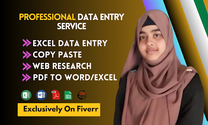 Gig Preview - Do data entry, copy paste, excel data entry, web research, pdf to excel, typing