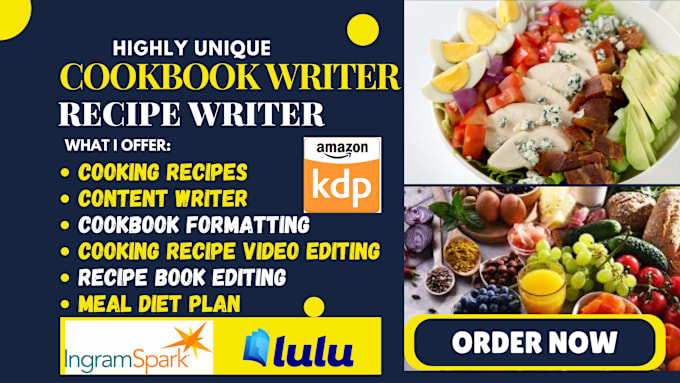 Gig Preview - Write and design recipe book, cookbook, meal or diet plan as ebook ghostwriter