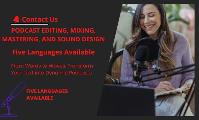 Gig Preview - Edit your audio to create a podcast in english and five additional languages