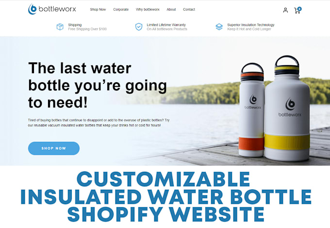 Gig Preview - Design customizable water bottle website insulated water flask shopify website